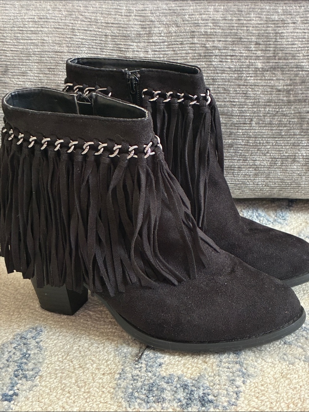 Franco Sarto Black Suede Fringe Ankle Boots - Size 8